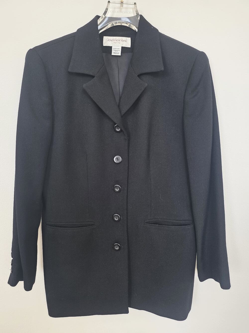 Vintage 90s Jones New York Petite Black 100% Worsted Wool Blazer Jacket (Sz 4P)